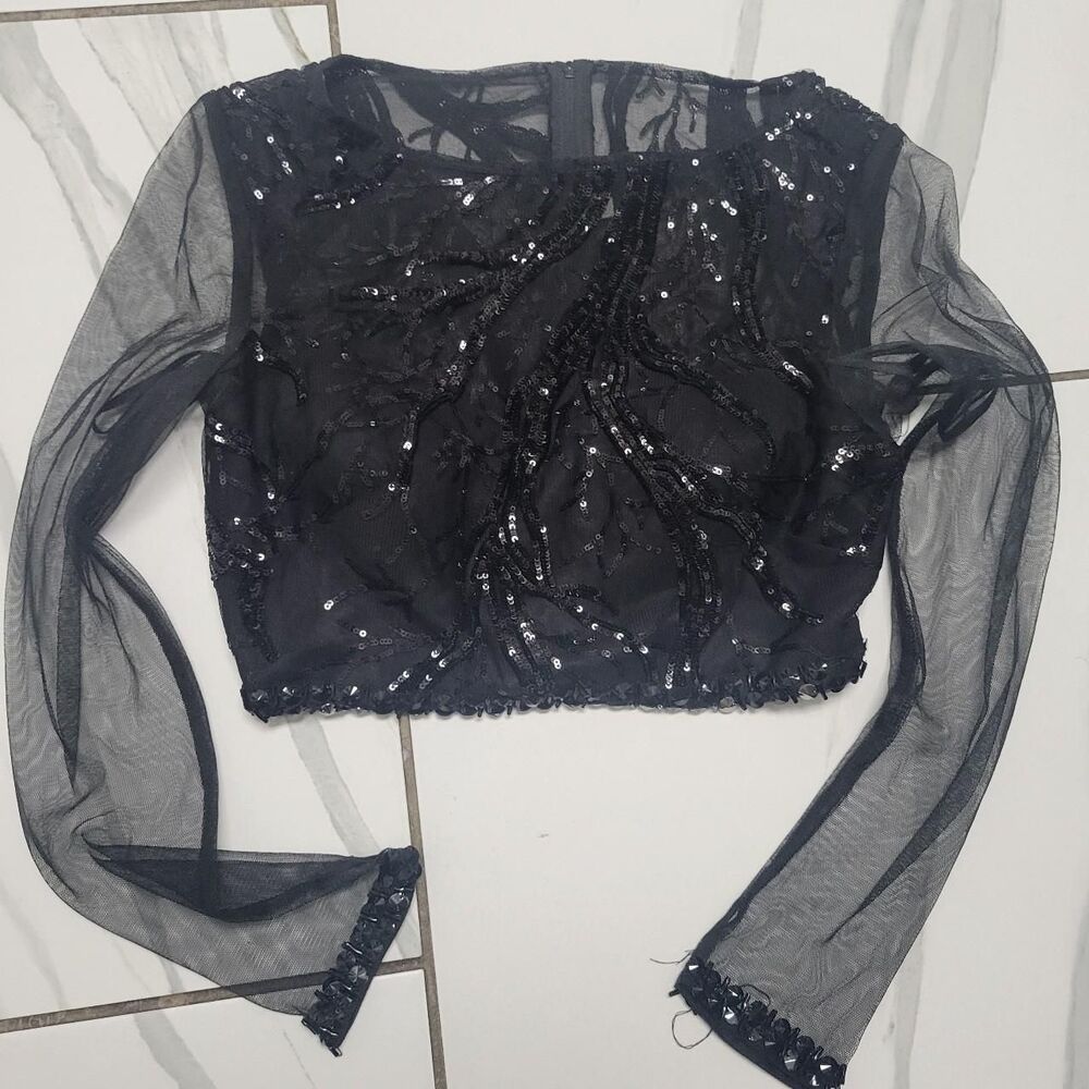 Black Sequin Homecoming Mesh Bell Crop Top Whimsigoth Romantic Goth Vintage
